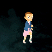Digital art gif. Determined Eleven wearing a pink dress in Stranger Things runs through a creepy dark scene in the Upside Down.