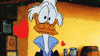 Cartoon gif. Scrooge McDuck looks disheveled and in love as he stares at us dopily and red hearts float up around him.