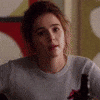 Video gif. Woman slides away as if she's being wiped away off screen. Text is a long drawn out, "Bye."