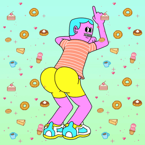 Illustrated gif. Blue-haired pink figure looks back at us, grinning, pumping his fist and pointing up while twerking, as a deluge of donuts, cakes, and other sweets cascade down the sides.