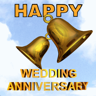 Graphic art gif. Two gold bells ringing with expanding and rotating text that says "happy wedding anniversary."