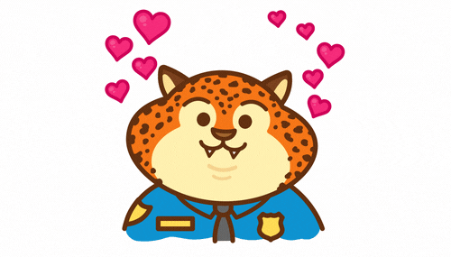 Digital illustration gif. Chubby leopard wearing a police officer uniform has a goofy smile on his face as he bobs his head and pink hearts float all around him. 