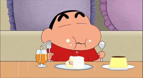 A gif of the character Shin Chan from the Japanese anime Shin Chan having cake and juice--Tani language