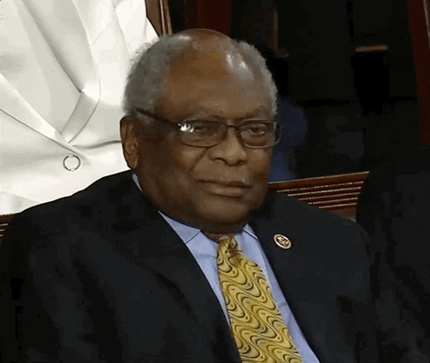 Political gif. Jim Clyburn is at the 2020 State of the Union address and he's sitting in the audience. He looks down and shakes his head solemnly, disagreeing with whatever the speaker is saying.