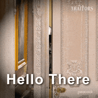 Sponsored gif. Elaborate door opens and Traitors cast member Dylan Efron peeks around it into the room. Text reads, “Hello there.”