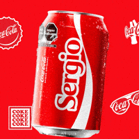 Sponsored gif. A red can of Coca-Cola with the name "Sergio" floats up into frame and then floats back down out of sight. Coca-Cola logos on bottle caps and sunglasses are in the background.