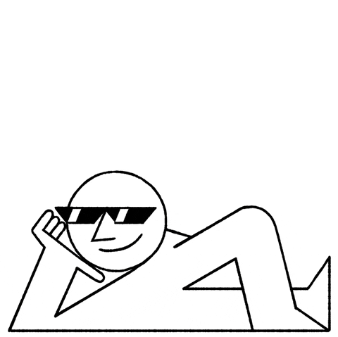 Illustrated gif. A simple guy with cool blacked out sunglasses lays down with his head propped up on his hand and his leg crossed over the other in a relaxed but cool pose. He smirks and lifts his hand up to give a thumbs up. Text “Great" with the number 8.