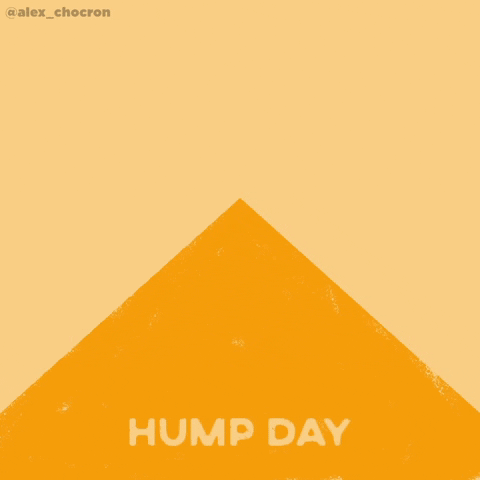 Digital art gif. A green blob drags itself up one side of a triangle that has "Hump Day," written on it before face planting and sliding down the other side.