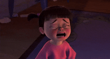 Movie gif. Boo, the pigtailed baby in Monsters Inc throws her head back bawling as a tear streams down her face.