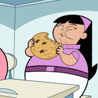 Cartoon gif. A chubby Trixie Tang from The Fairly Oddparents chews a bite of a giant cookie, and her belt breaks.
