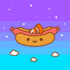 Kawaii gif. Small butt naked man with red hair and bread lays on his stomach, asleep, on top of a large smiling hot dog that is floating in a starry night sky.