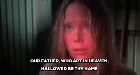 Movie gif. Sissy Spacek as Carrie White in Carrie on her knees hands folded prays "our father, who art in heaven, hallowed be thy name."