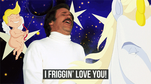 Movie gif. Will Ferrell as Ron Burgundy in anchorman rides a white uniform with cherubs flying around him. He screams out, “I friggin’ love you!”