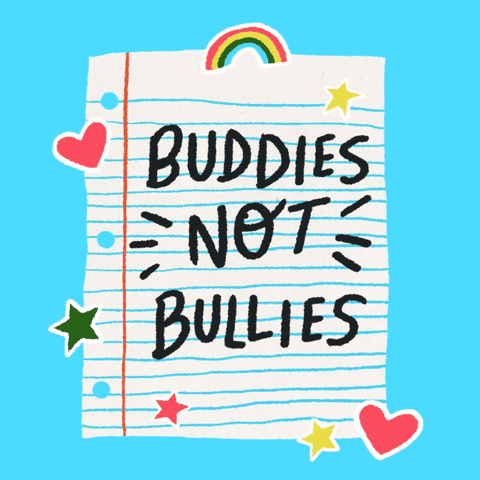 Digital art gif. Lined notebook decorated with rainbows, hearts, and stars bounces gently against a light blue background. Text, “Buddies not bullies.”