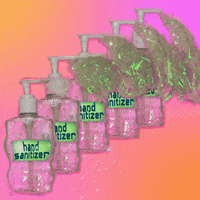 Digital art gif. Against a blended pink and orange background, five clear hand sanitizer bottles stand in a diagonal line and staggeredly pump out globs of sanitizer made out of holographic tinsel, which come along with sparkly diamond stars.