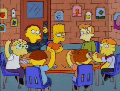 The Simpsons gif. Bart glares out of the corner of his eye as he sits at a table with boys who bobble their heads as they make the cuckoo sign, each twirling a finger at their temple.