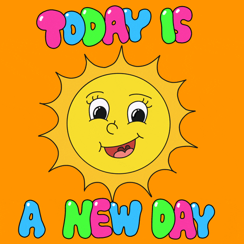 Digital art gif. Cartoon sun with a bright, smiling face blinks and grins happily amid sparkling rays of sunshine. In big, pink, blue, and green bubble letters, text reads, "Today is a new day," all against an orange background.