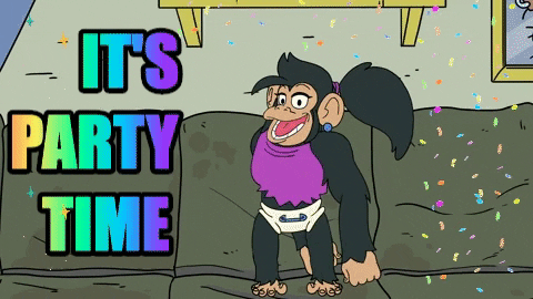 Cartoon gif. A monkey stands on a couch and does the floss as confetti falls around her. Rainbow text flashes, "It's party time."