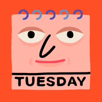 Illustrated gif. Spiral-bound calendar shaped like a person's face, glancing around, reads "Tuesday."