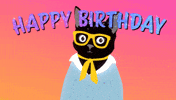 Illustrated gif. Klaus the Black Cat wearing yellow glasses and a denim shirt, casually throws confetti under a message in glittery purple lettering. Text, “Happy Birthday.”