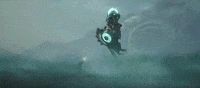 Video game gif.  In a misty, desolate landscape, a dramatic battle unfolds between a futuristic soldier and an advanced flying mech. The soldier, standing on the ground, fires a purple laser beam at the mech. The mech, equipped with glowing circular lights and numerous mechanical tentacles resembling those of an octopus, dips and dives in an attempt to dodge the beam.