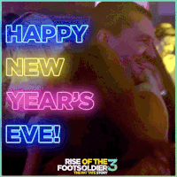 Movie gif. We see Craig Fairbrass as Pat Tate from Rise of the Footsoldier 3, dancing closely with a shorter blonde woman in a flashy night club. Neon-colored Text, "Happy New Year's Eve!"