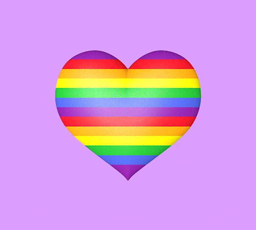 Illustrated gif. Three-dimensional rainbow-striped heart spins horizontally as the rainbow pattern slides up and down.