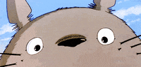 Anime gif. Close-up of the face of Totoro, giving a big toothy grin, from My Neighbor Totoro.