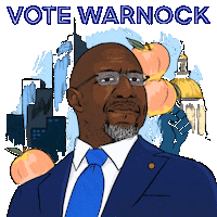 Illustrated gif. Living portrait of Senator Raphael Warnock, eyes on the horizon with faith and determination, depictions of the Atlanta skyline, peaches, a fist of solidarity, the Georgia State Capitol building behind him. Text, in simple neon lettering, "Vote Warnock."