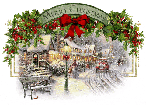 Illustrated gif. A quaint wintery neighborhood street flickers as snow falls. Holly garland and a large red bow hang above the merry street as text in an arch reads, "Merry Christmas."