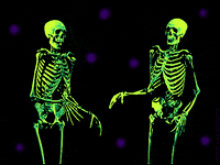 Digital art gif. Two neon green skeletons dance a jerky, bony dance, purple polka dot lights flashing in the background.