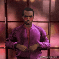 Digital art gif. Puff Daddy wears red tinted sunglasses and a pink jacket. He wiggles his hips and tosses golden confetti in the air. 