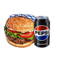 Sponsored sticker gif. Can of Pepsi Zero Sugar sits next to a carousel of different food items that cycle through a slice of pepperoni pizza, a hotdog, and a burger.