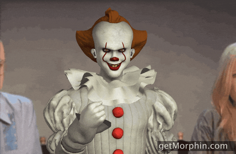 Digital art gif. Pennywise looks at us with a creepy smile on his face as he throws gold confetti in the air. 
