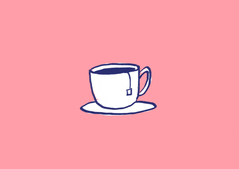 Illustrated gif. Small tea cup on a small plate with tea bag steeping inside the cup on a pink background.