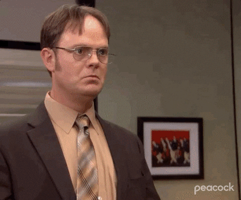 The Office gif. Rainn Wilson as Dwight suddenly breaks into karate moves saying, "yes, yes, yes yes" which pops up as text following his movements.