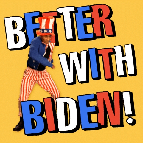 Political gif. Black teenager wearing an Uncle Sam costume bumping and grooving in front of the message "Better with Biden" against a yellow background.