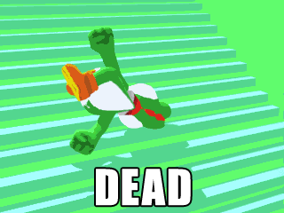 Video game gif. The green dinosaur-like character Yoshi twists and bobs lifeless down a green ramp with X's over his eyes. Text, "Dead"