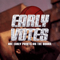 Digital art gif. Photo of a young mixed-race man relaxed holding a basketball above his head, behind masculine diamond block letters reading, "Early votes are early points on the board."
