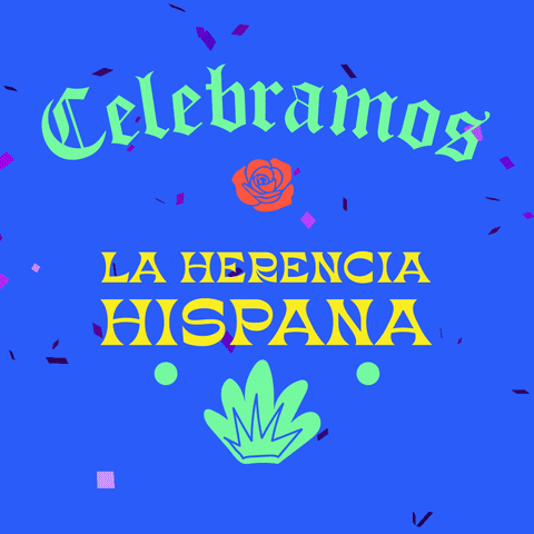 Digital art gif. Leafy stems emerge from colorful flowers surrounding the words “Celebramos La Herencia Hispana” as confetti falls against a light blue background.