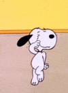 Peanuts gif. Snoopy dances a jig, waving his arms across his face, dipping back, and shifting from leg to leg.