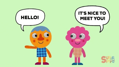 Music video gif. Two colorful characters on Noodle and Pals glance sideways and wave at each other. One reaches out toward the other and says, "Hello!"  while the other responds, "Nice to meet you!"