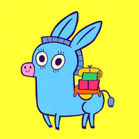 Illustrated gif. Cute blue burro with a small stack of items tied to its back prances up and down and blinks.