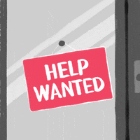 Digital art gif. Pink sign swings on a hook over a glass window background. One side says, “Help wanted.” The sign flips and reads, “Election workers needed in Wisconsin.”