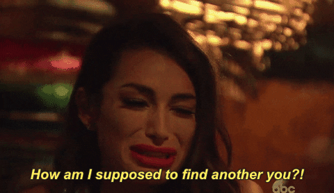 Reality TV gif. Ashley Iaconetti from Bachelor in Paradise is sitting in a restaurant sobbing, distraught as she says, "How am I supposed to find another you?"
