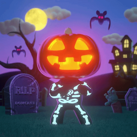 Cartoon gif. A skeleton wearing a jack-o-lantern on its head dances in a graveyard, with bats flying in the air and a haunted mansion in the background.