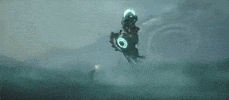 Video game gif.  In a misty, desolate landscape, a dramatic battle unfolds between a futuristic soldier and an advanced flying mech. The soldier, standing on the ground, fires a purple laser beam at the mech. The mech, equipped with glowing circular lights and numerous mechanical tentacles resembling those of an octopus, dips and dives in an attempt to dodge the beam.