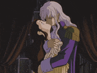 Anime gif. Charlotte and Griffith from Berserk embrace each other. Charlotte turns her head away from Griffith, looking guilty, but he caresses the back of her head and pulls her in close for a kiss. She closes her eyes and gives in.