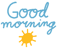 Sticker gif. Text, 'Good Morning,' is written in handwritten script and flashes blue and white and a yellow sun is underneath it.