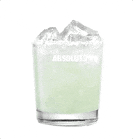 Ad gif. Light-mint-colored drink on the rocks in an Absolut glass. Digital red kiss mark with "XOXO" appears on the glass.